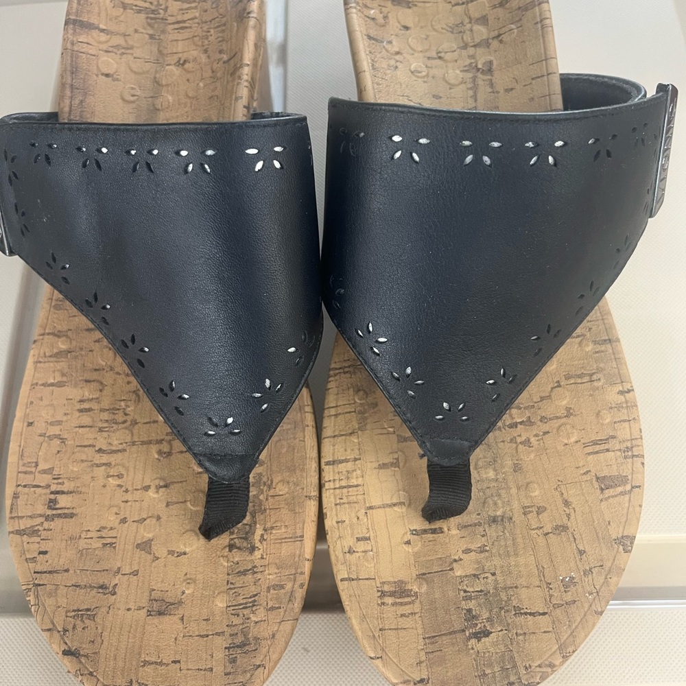 Vionic Black Wedge Sandals with Cork Footbed